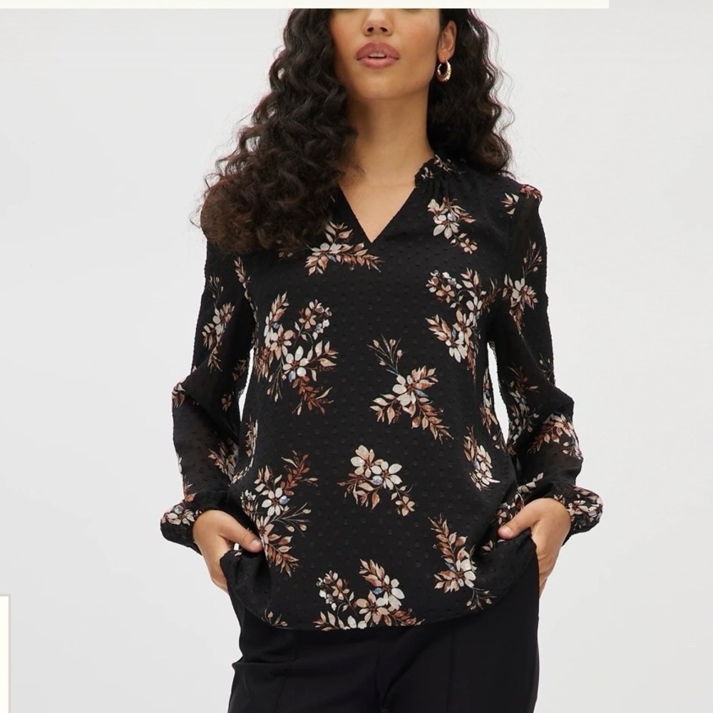 Hilary Radley Black Floral Ruffle V-Neck Blouse - Size XL